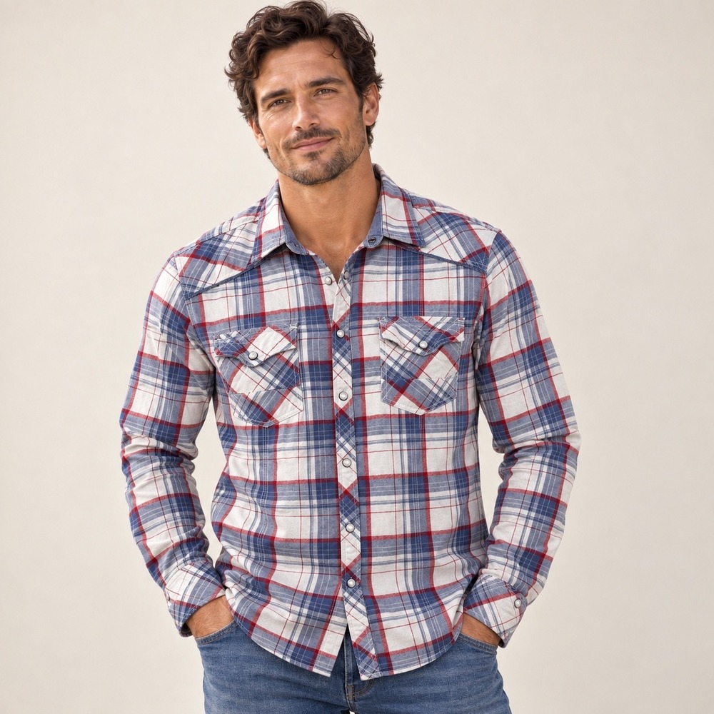 BKE Mens Standard Fit Plaid Snap Button Western Shirt Red White Blue M B2578